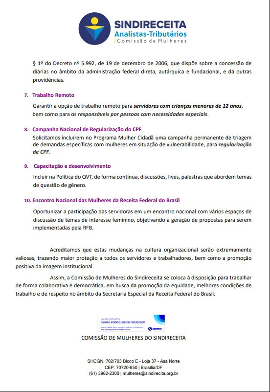Sindireceita Comissão de Mulheres carta secretário RFB 3